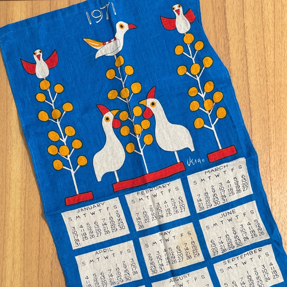 Vintage 1971 Blue Tea Towel with Birds and Trees